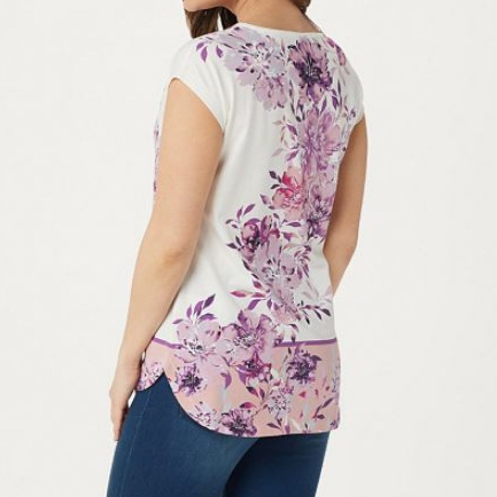 Denim & Co Printed Dolman Cap Sleeve Curved Hem Top 629 - Picture 2 of 2